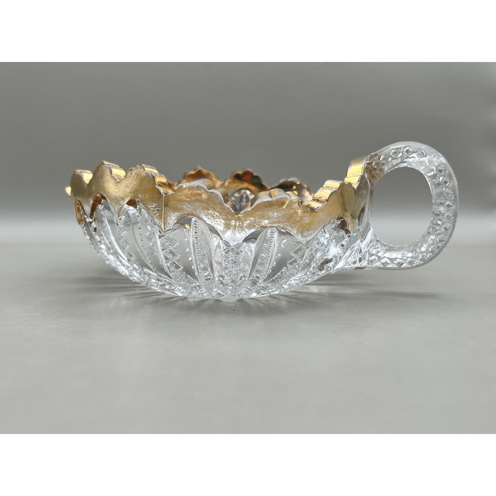 Vtg Pressed Glass Nappy Bowl Gold Gilded Scalloped Rim Heart Shape Handle As Is